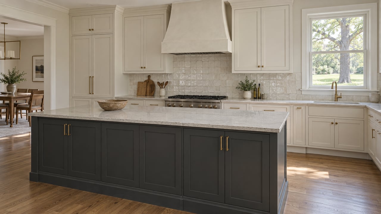 Kitchen with a charcoal island, ivory cabinets, ceramic tile, and a window overlooking a lawn and oak tree.