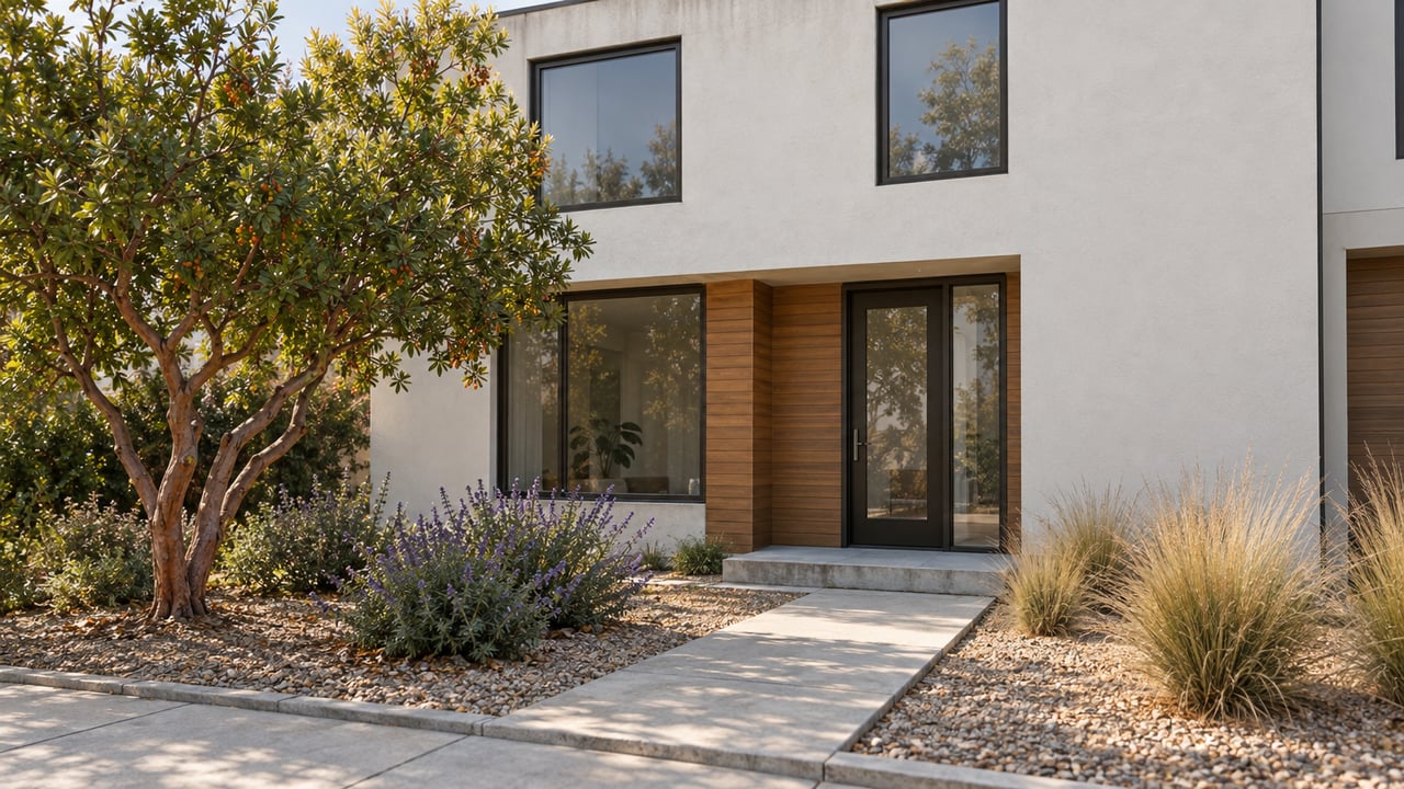 Two-story attached home with cream stucco, cedar entry bay, and gravel garden with sculpted plants.