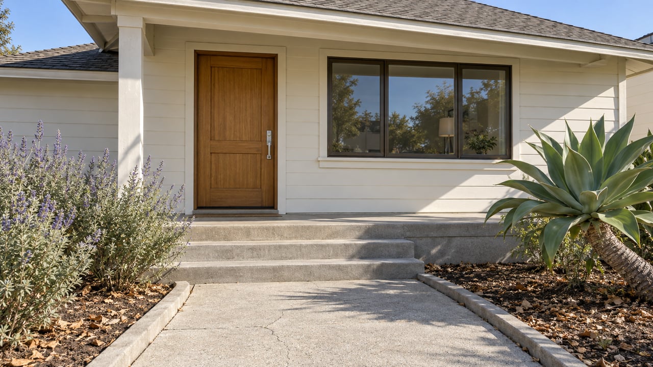 Cream-sided bungalow with a wood entry door, concrete porch and walk, dark-framed window, and sculptural agave beside gray-green sage.