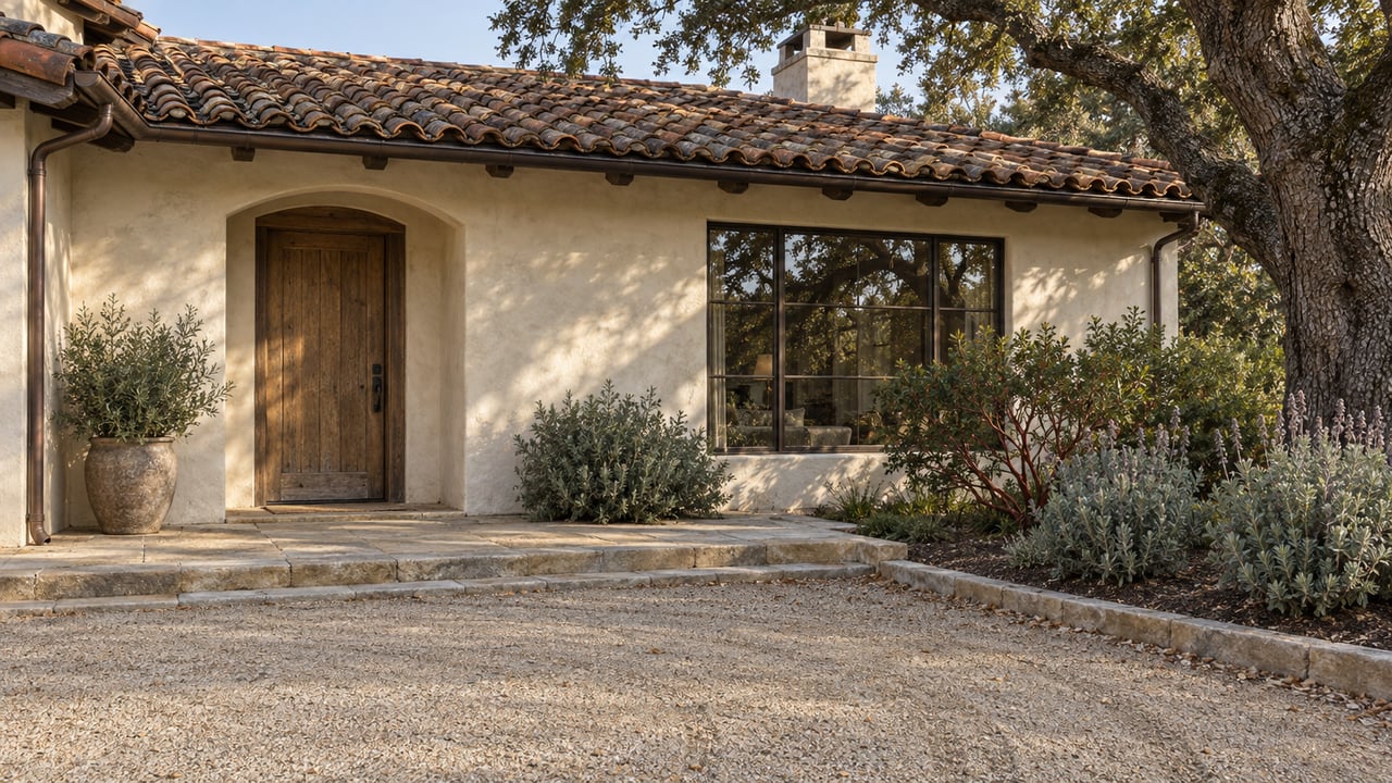 Weathered clay roof and ivory stucco frame a recessed oak entrance beside a mature oak and curated silver-leaf planting.
