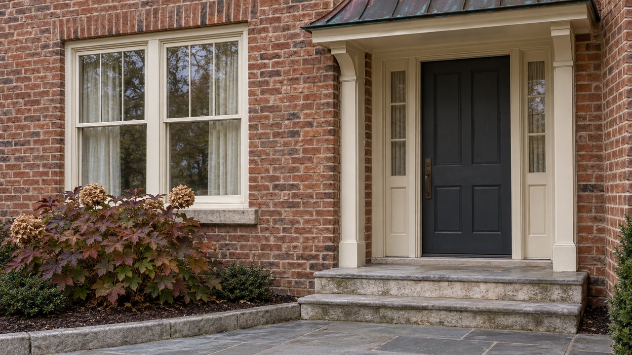Brick home detail with paired ivory sash windows, a recessed charcoal door, limestone steps and autumn oakleaf hydrangea.