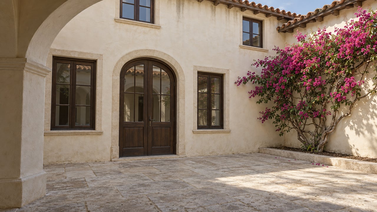 Ivory stucco courtyard home with a dark arched entrance, limestone paving, terracotta eaves, and flowering bougainvillea.