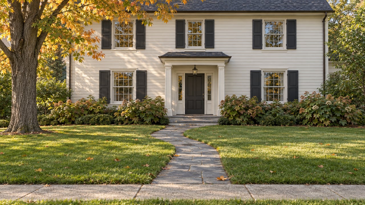 Off-white clapboard house with dark shutters, a deep lawn, curving flagstone path, and an amber maple.