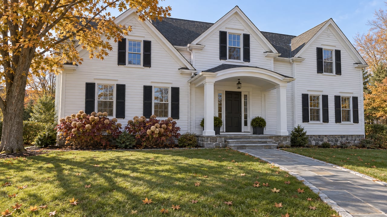 White clapboard home with black shutters, an arched entrance, a deep autumn lawn and a maple tree.