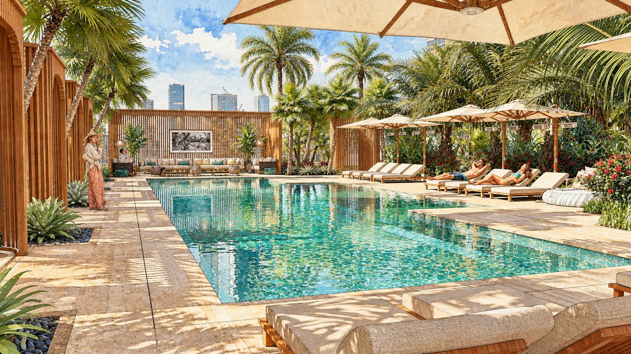 Pool at Waldorf Astoria Residences Sarasota with palm trees, shaded loungers, and a city skyline.