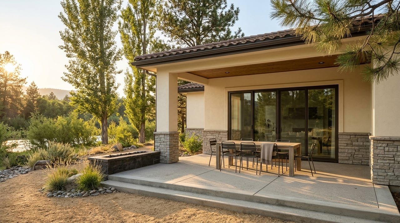 A back patio amid riparian vegetation in a high-desert landscape.