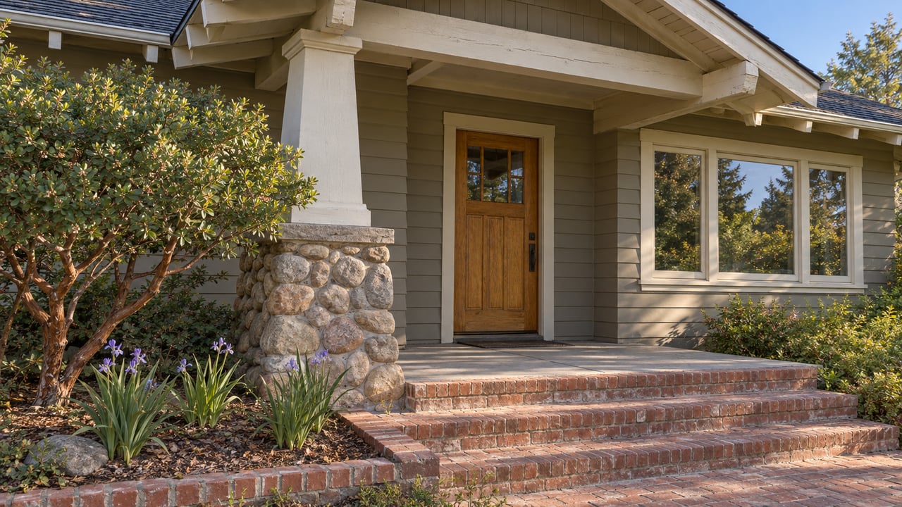 Morning light on a covered residential entry with oak door, painted timber eaves, stone porch pedestal and brick steps.