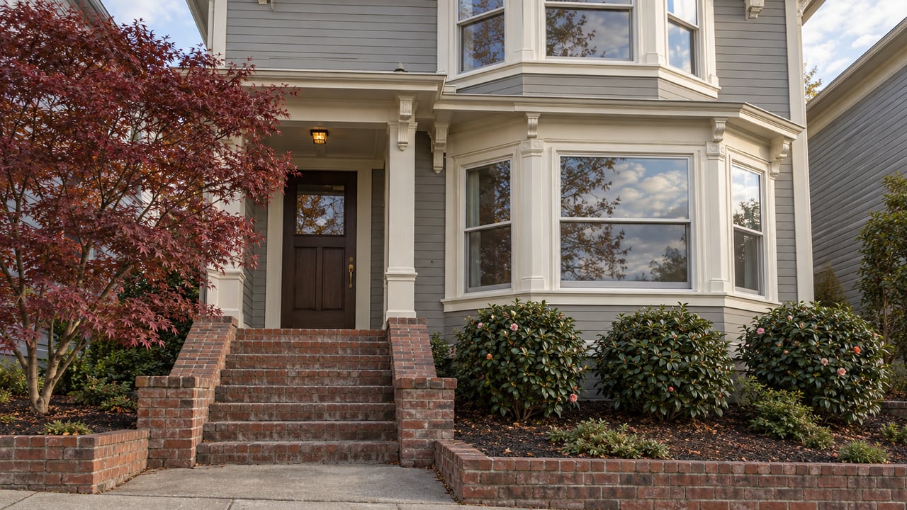 Gray wood-sided home with ivory bay windows, a recessed oak entry and brick steps beside a burgundy Japanese maple.