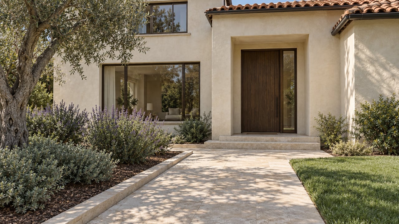 Stucco home entrance with a dark wood door, stone walkway, and landscaped olive tree garden.