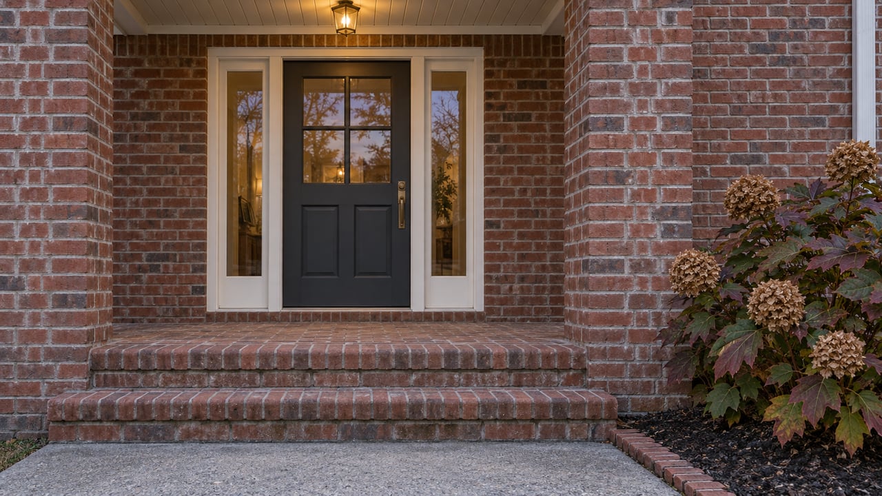 Red-brick home entrance at dusk with an ivory-trimmed glazed door, matching sidelights, worn brick steps, and an oakleaf hydrangea.
