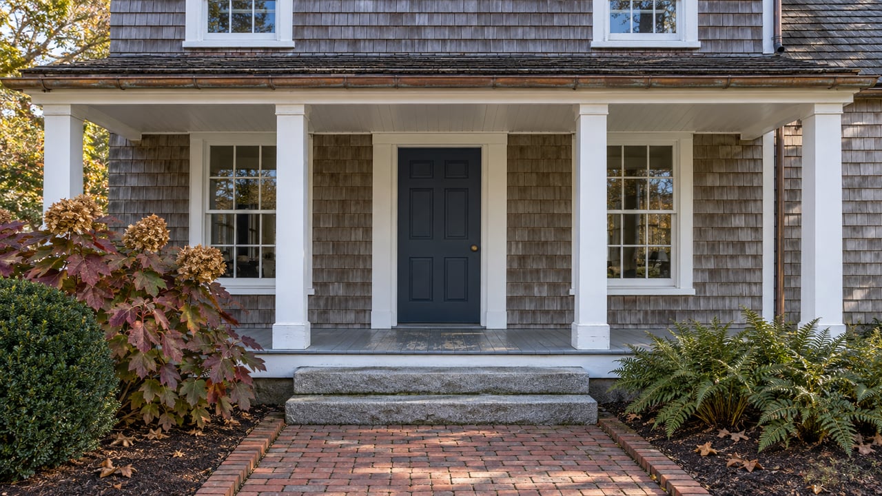 Weathered cedar-shingle house with a navy door, white porch trim, granite steps and autumn oakleaf hydrangea beside a brick walk.
