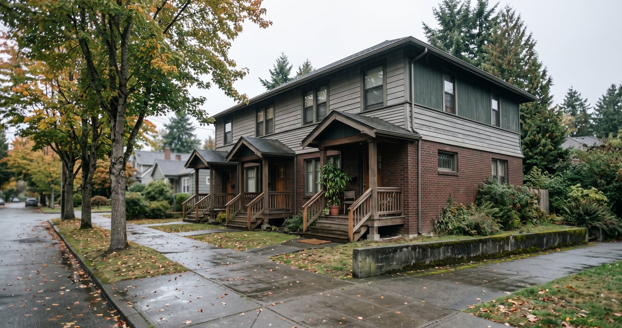 Two-story gray-and-brick residence with separate front porches on a leafy, wet street.