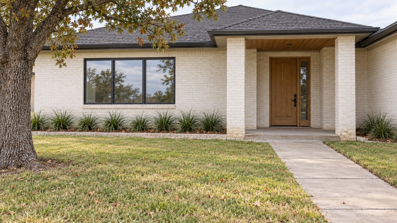 White painted-brick home with an oak front door, mature oak tree and deep lawn beside a concrete entry walk.