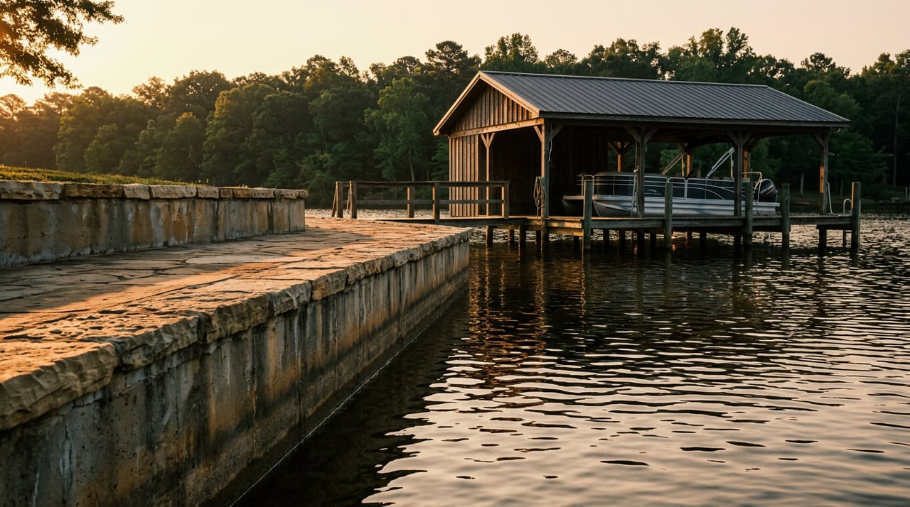 Limestone-capped bulkhead meets calm, golden-rippled water beside a covered dock.