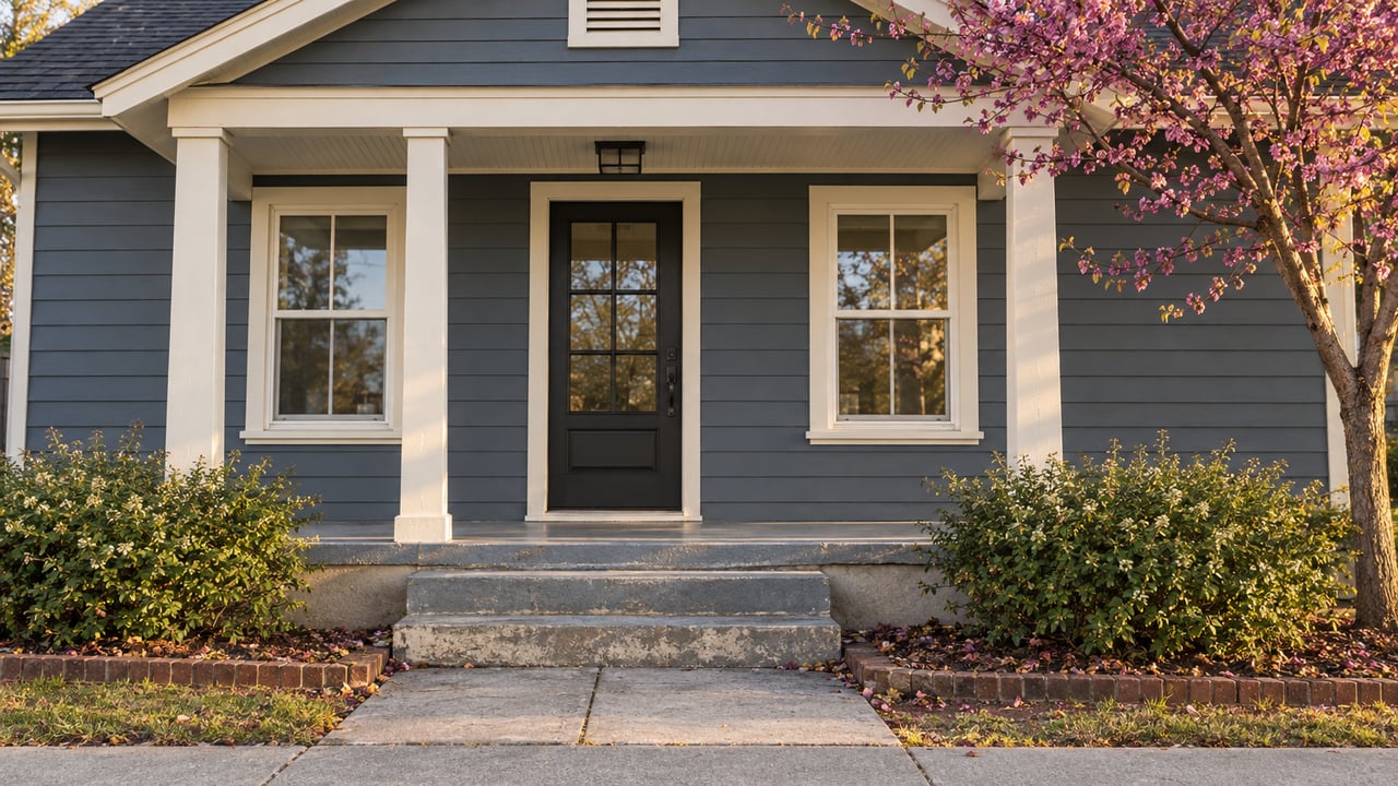 Blue-gray cottage with a covered entry, black front door, white-trimmed windows, concrete steps, and a small tree.