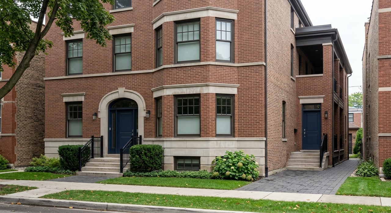 Brick-and-limestone three-flat with multiple entrances, bay windows, and a mature street tree.