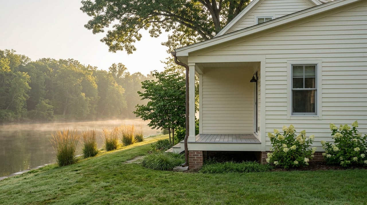 A modest white clapboard home overlooks a sloping lawn and misty river, framed by mature trees and hydrangeas.