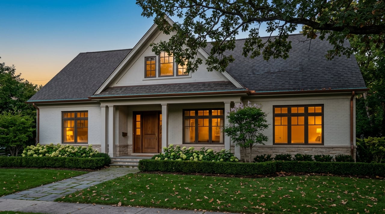 Two-story brick home at dusk, with amber-lit windows, a columned entry, broad oak canopy, and stone walkway.