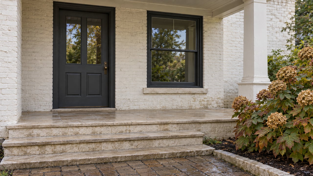 White-painted brick entry with a charcoal door and sash window, weathered limestone steps, and oakleaf hydrangea beside a brick walk.