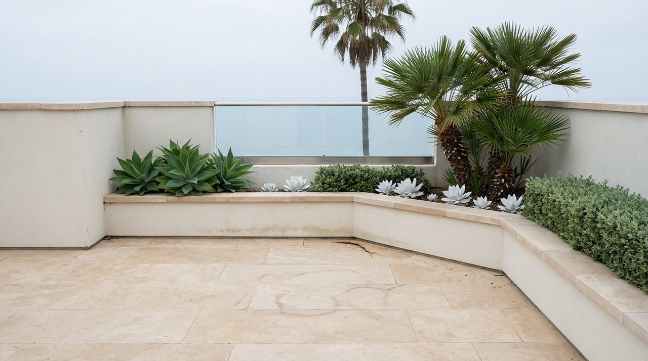 Travertine terrace meets a stucco parapet and glass balustrade, with agaves in a built-in planter and a palm overhead.