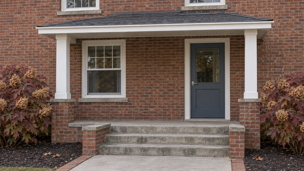 Brick home entrance with a slate-blue door, white porch posts, concrete steps, and oakleaf hydrangeas in autumn color.