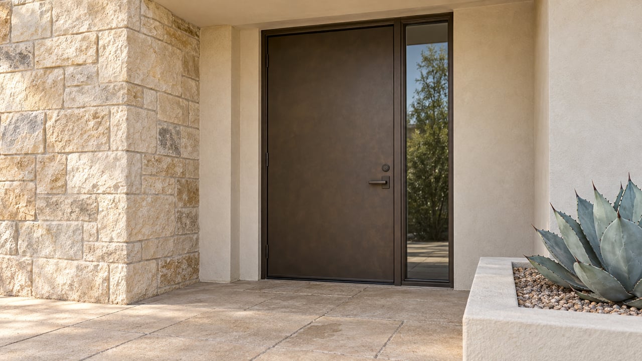 Closed bronze entry door with a glazed sidelight, buff limestone walls, and a blue-gray agave at the threshold.