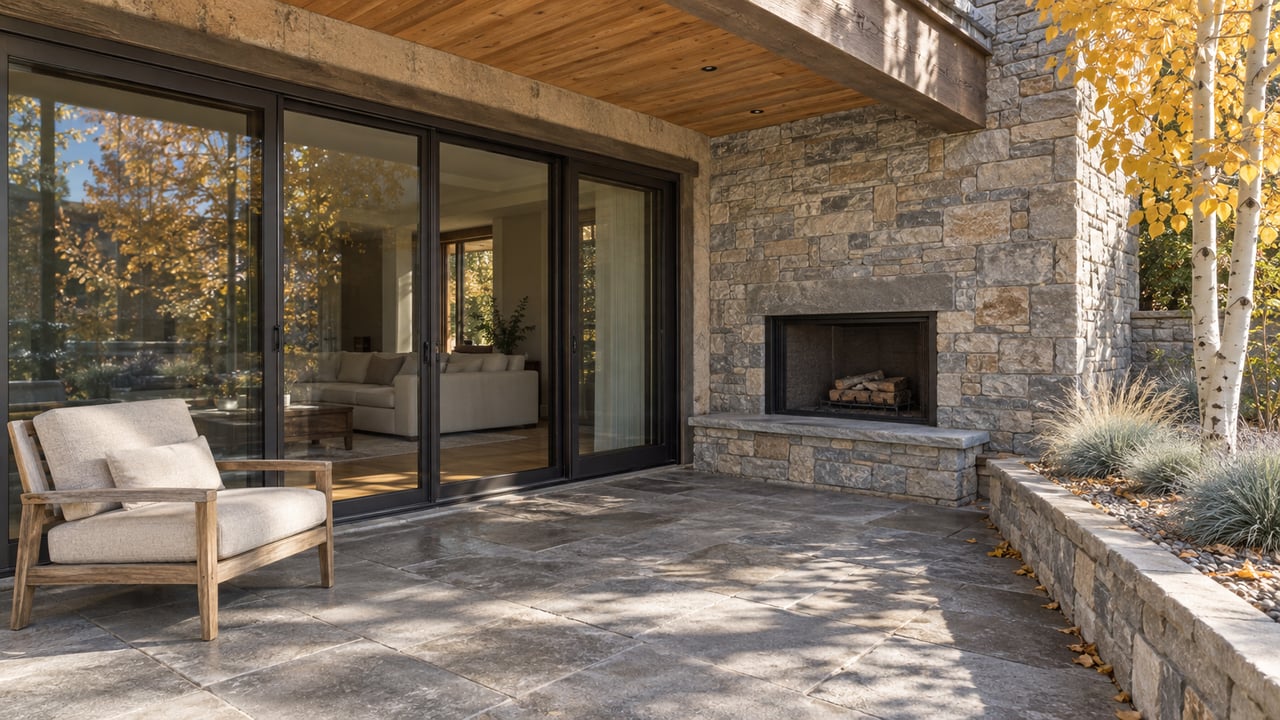 Autumn light across a timber-covered stone terrace with bronze-framed glass doors, a stone fireplace and golden aspen leaves.