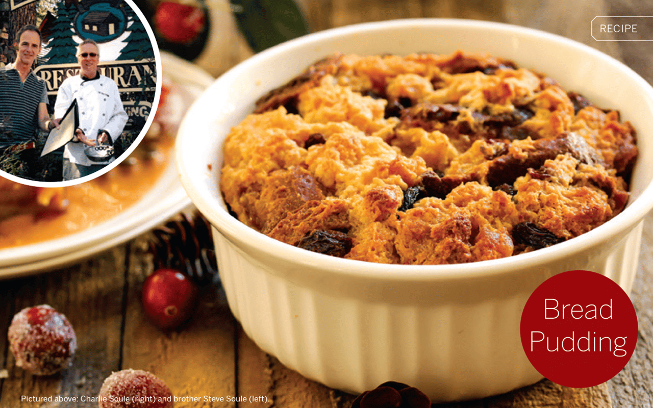Bread pudding in a white casserole dish with holiday decorations and two men inset.
