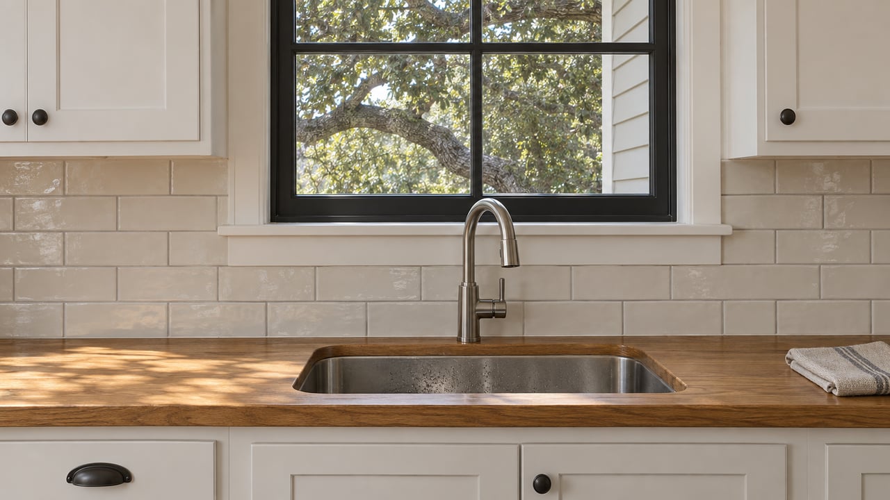 Sunlit oak kitchen counter with white shaker cabinets, a stainless sink and a black-framed window looking into live oak branches.