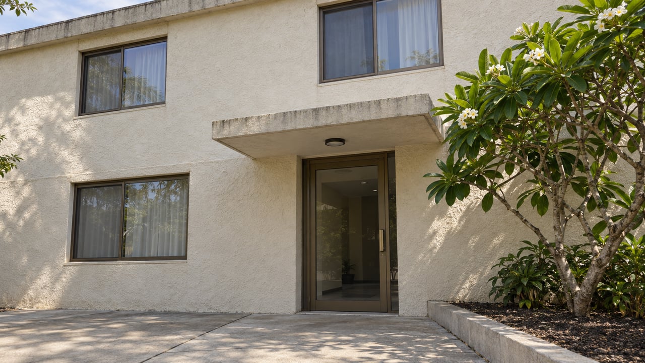 Sunlit stucco apartment entry with bronze-framed windows, a concrete canopy and a white-flowering tree in a curbed planting pocket.