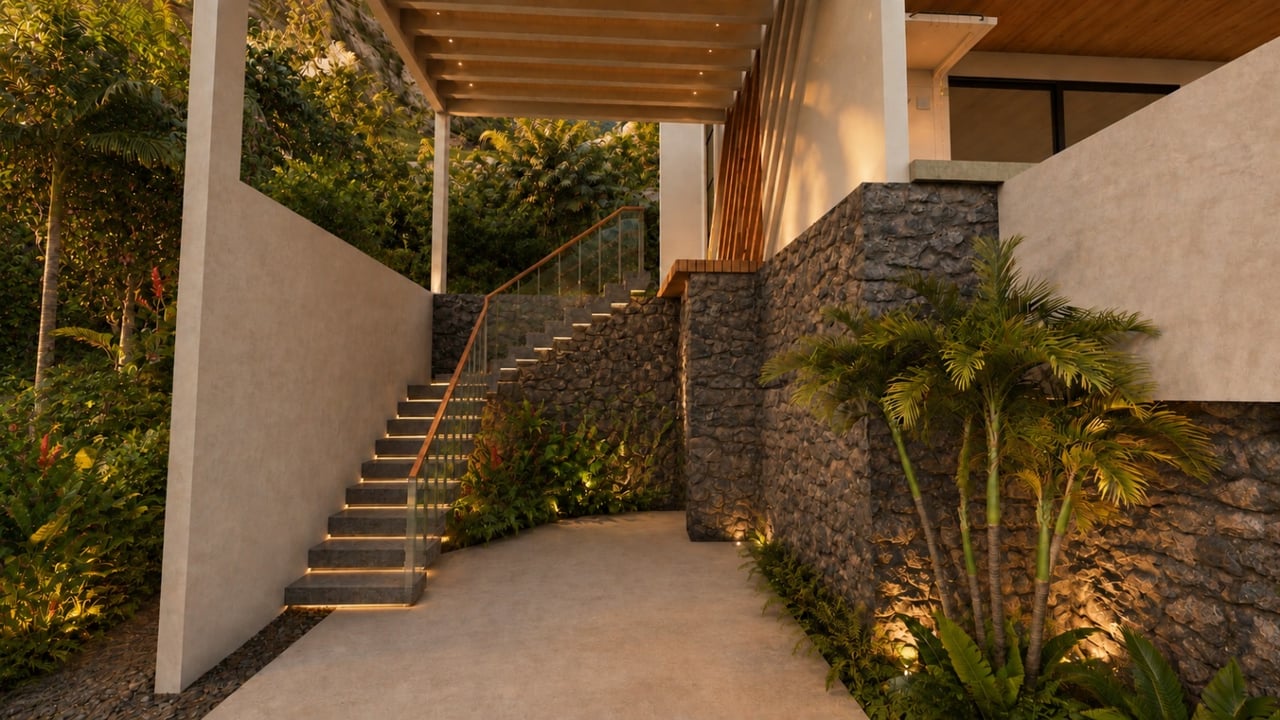 Modern tropical home entrance with stone walls, glass-railed stairs, a timber canopy, and lush plants.