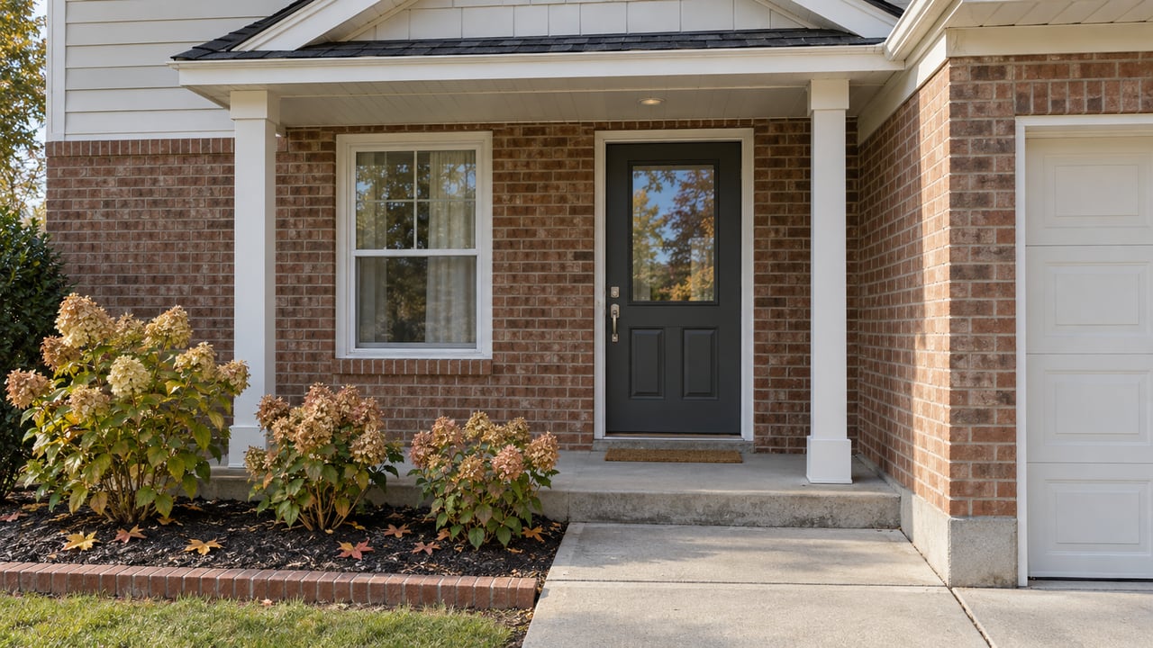 Sunlit covered entry of a brick-and-siding suburban home with autumn hydrangeas beside a concrete approach.