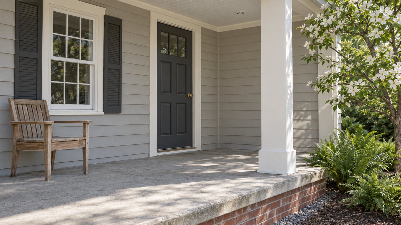 Covered front porch with light-gray siding, a charcoal door, shuttered window, teak chair and dogwood branches.
