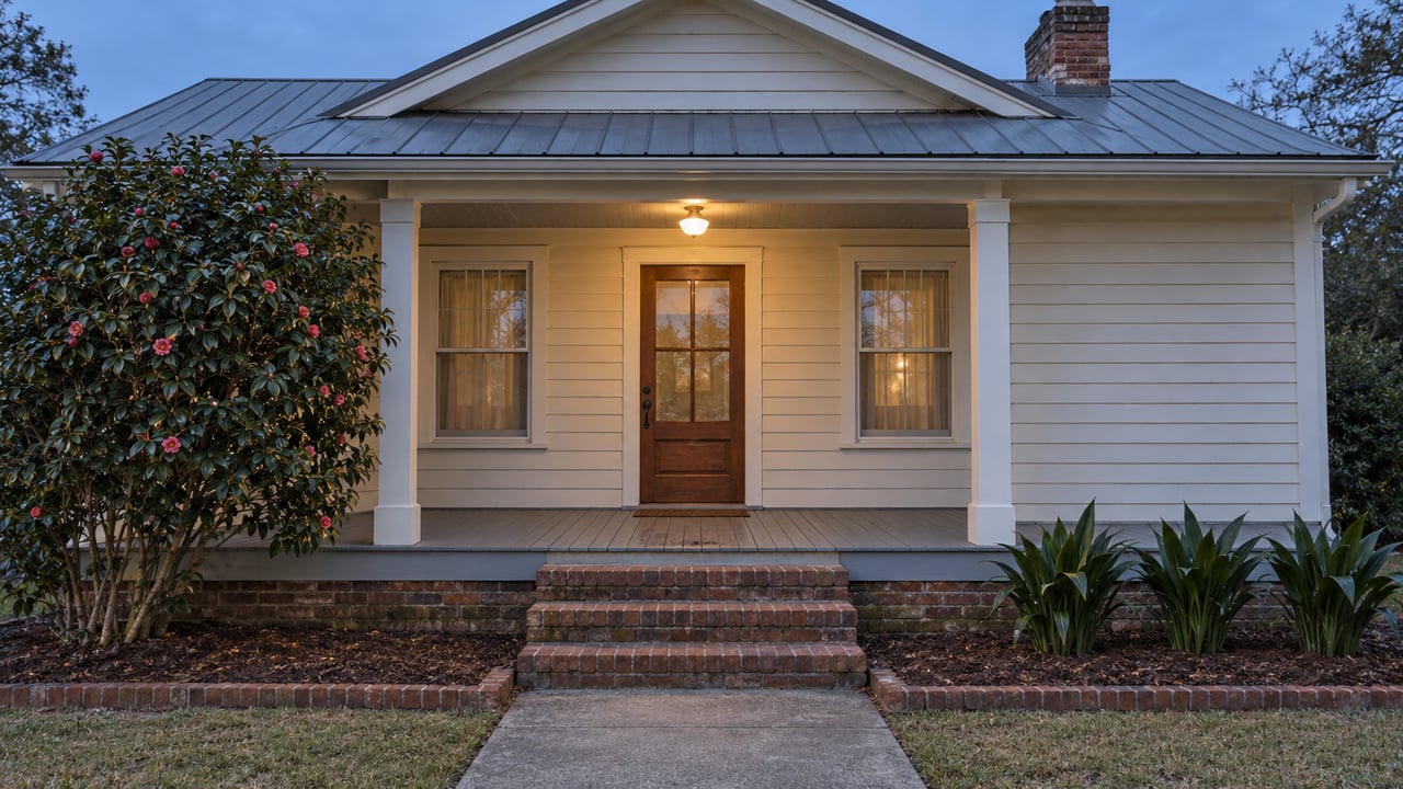 Cream clapboard cottage with a gray metal gable roof, brick steps and a warmly illuminated front porch at blue hour.