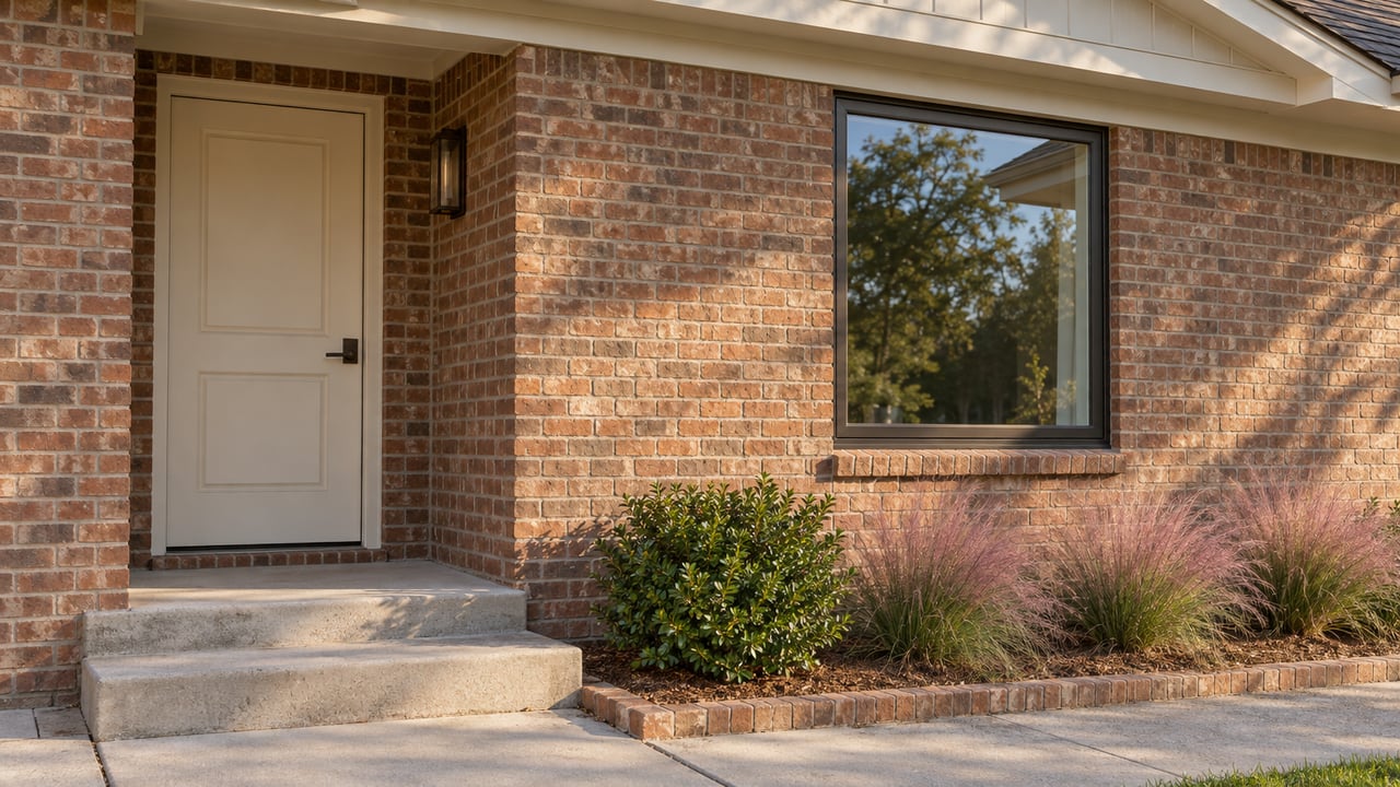 Red-brown brick house facade with a cream door, glazed window, concrete steps, and low ornamental grasses.