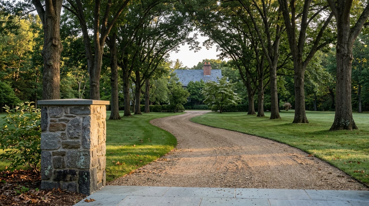 Fieldstone pillar beside a curving gravel drive through mature oaks toward a distant, tree-veiled estate house.