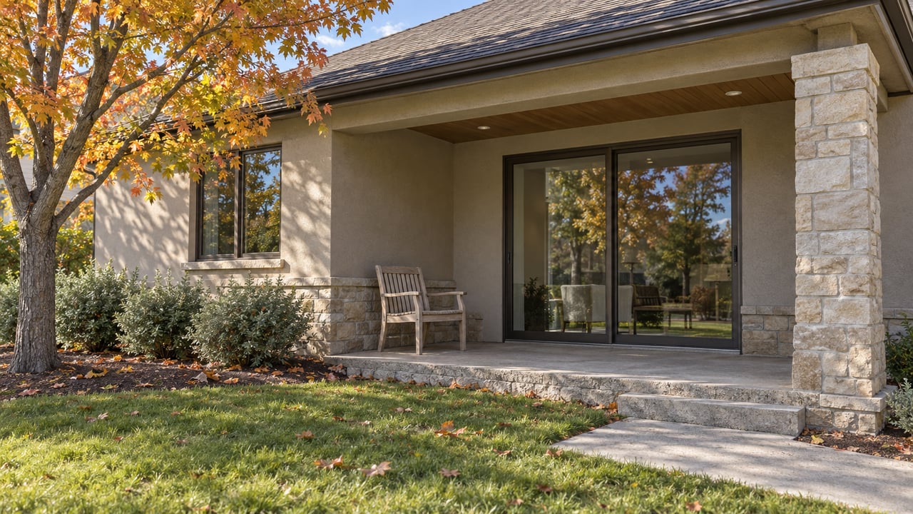Autumn maple beside a covered concrete terrace with a stone pier, greige stucco walls and closed bronze-framed glass doors.
