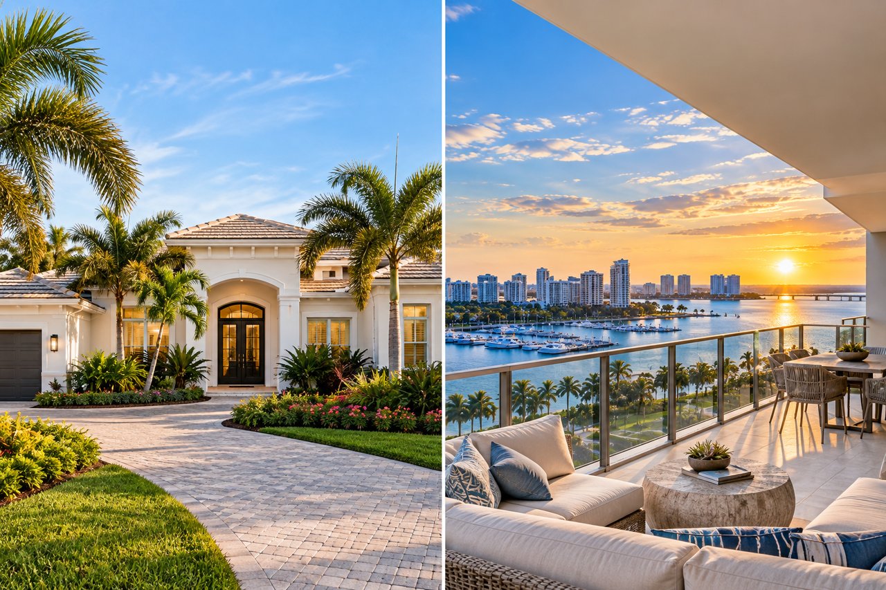 White stucco home with palm landscaping beside a furnished balcony overlooking a marina and city skyline at sunset.