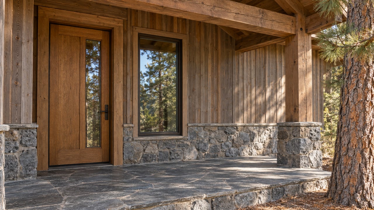 Rustic home entry with a wooden door, stone porch, and pine trees.