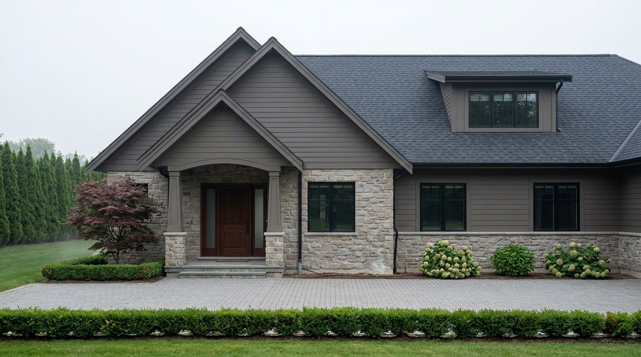 Stone-and-greige estate entry with paired wood doors, gabled portico, slate roof, and grey paver court.