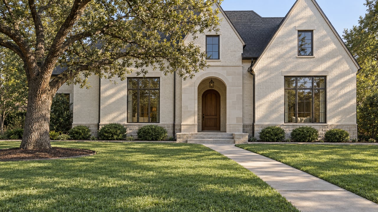 Ivory brick house with steep charcoal gables, bronze-framed windows and a limestone entry beyond a broad lawn and mature live oak.