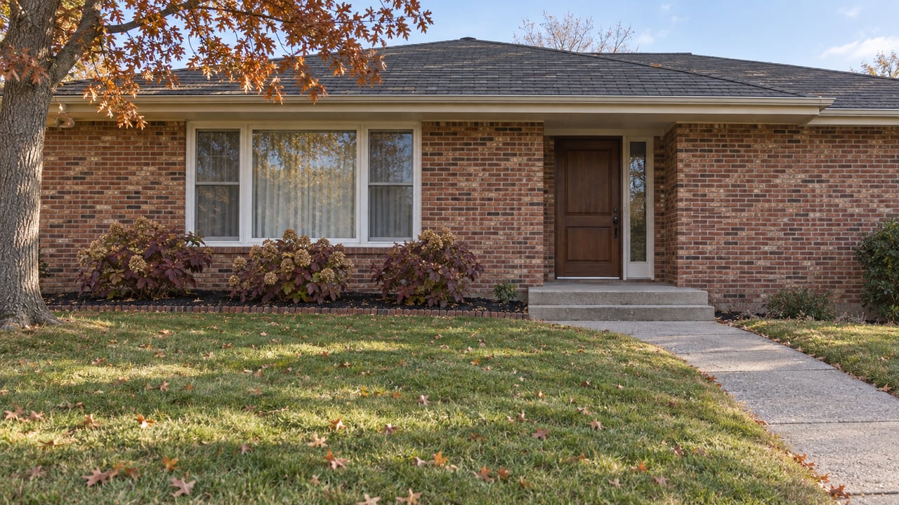 Low view across a deep autumn lawn toward a brick ranch with a recessed wood entrance, broad window and russet pin-oak canopy.