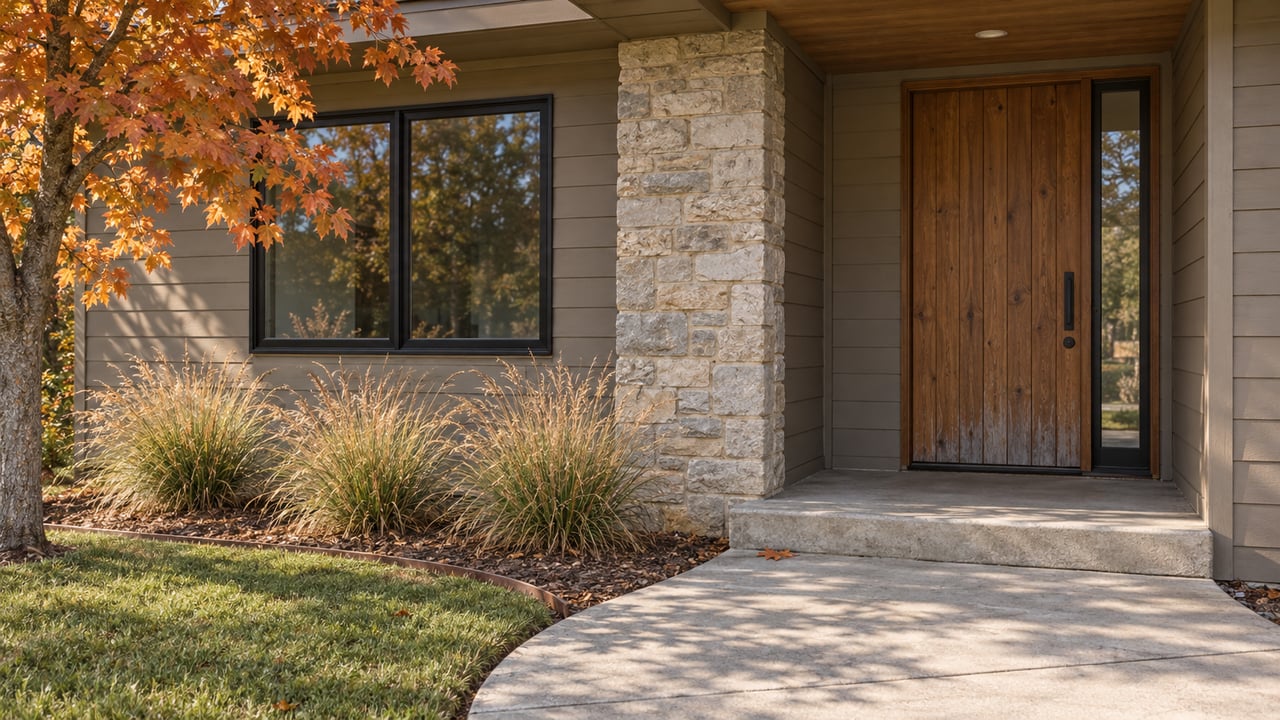 Autumn light across a curved concrete walk leading to a cedar front door beside pale stone and a black-framed window.