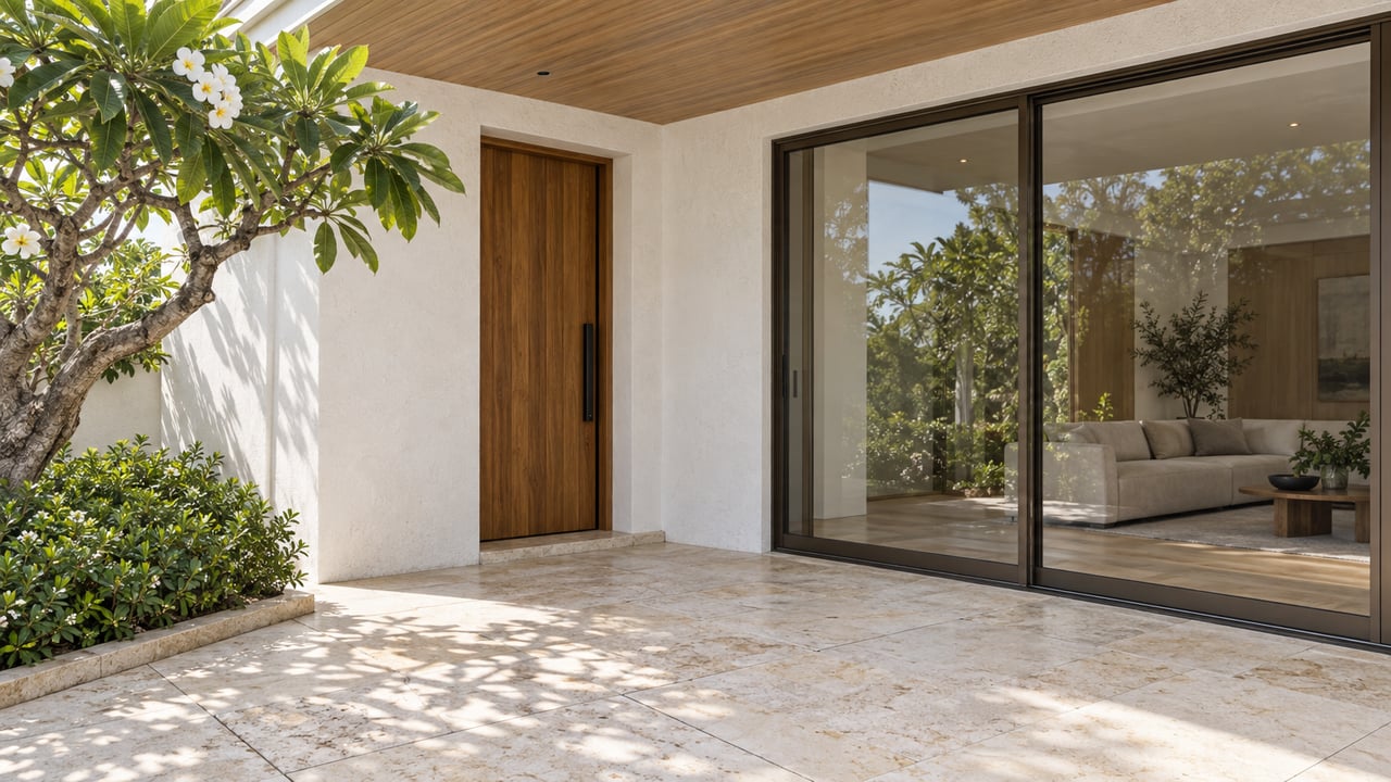 White stucco home entry court with teak door and closed glass doors beside a plumeria tree.