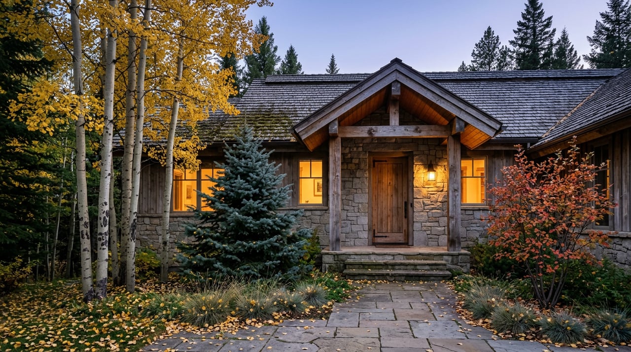 Two-story stone-and-timber lodge glowing at dusk, with golden windows, an entry lantern, and autumn aspens.