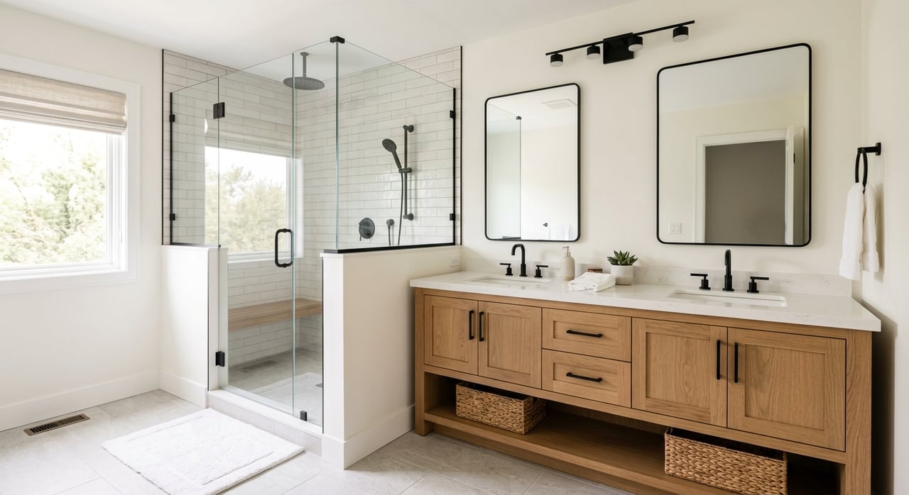 White oak double vanity with black fixtures, a potted orchid, and a frameless glass shower.