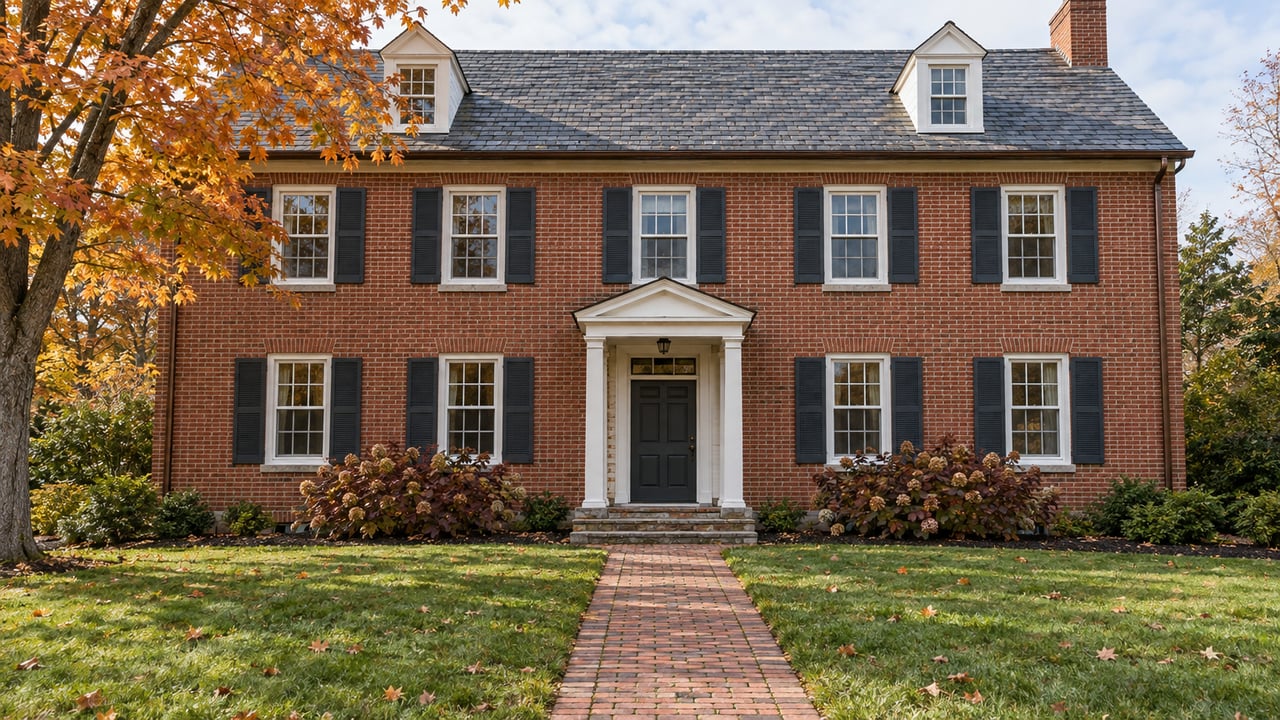 Red-brick colonial with white entry columns, a deep front lawn, and an orange-leaved maple beside the brick approach.