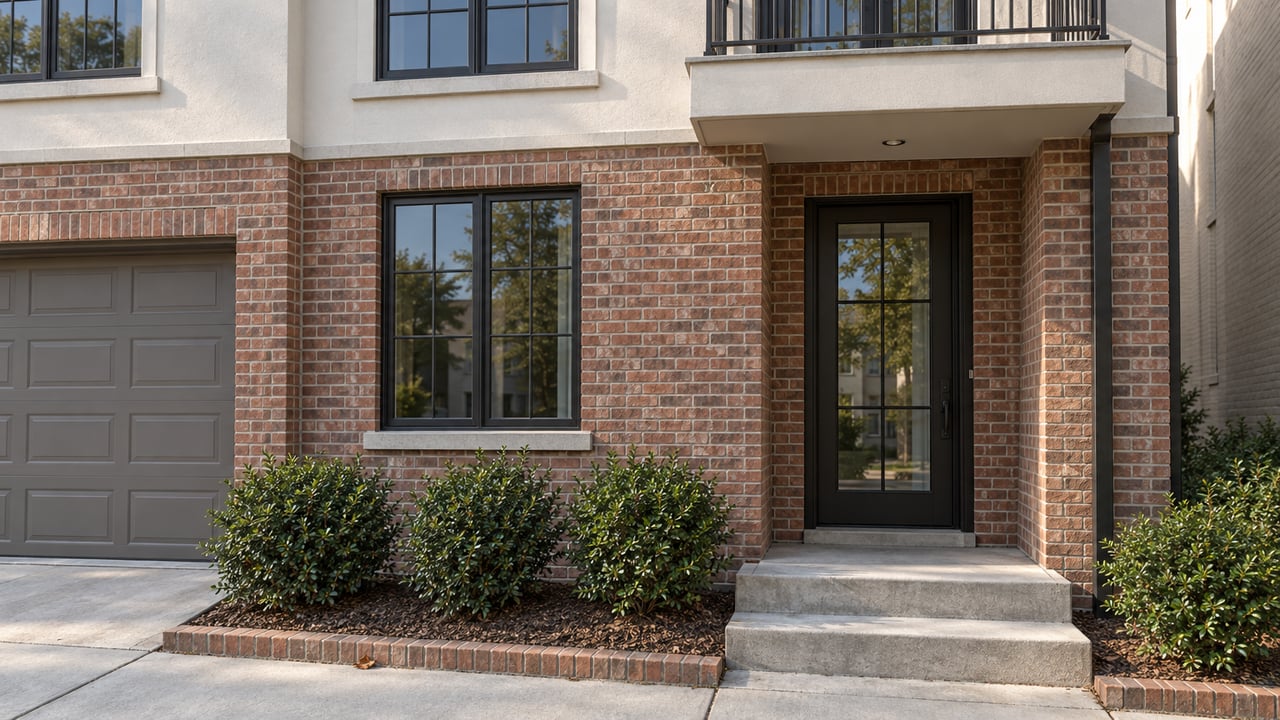 Three-story townhome facade with red brick, off-white stucco, black-framed windows, and clipped shrubs along a concrete walk.