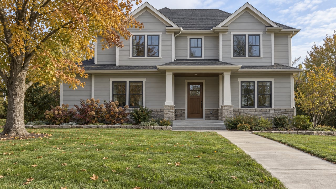 Pale gray gabled home with dark shingles, a covered wood-door entrance, deep lawn and a mature maple turning gold.