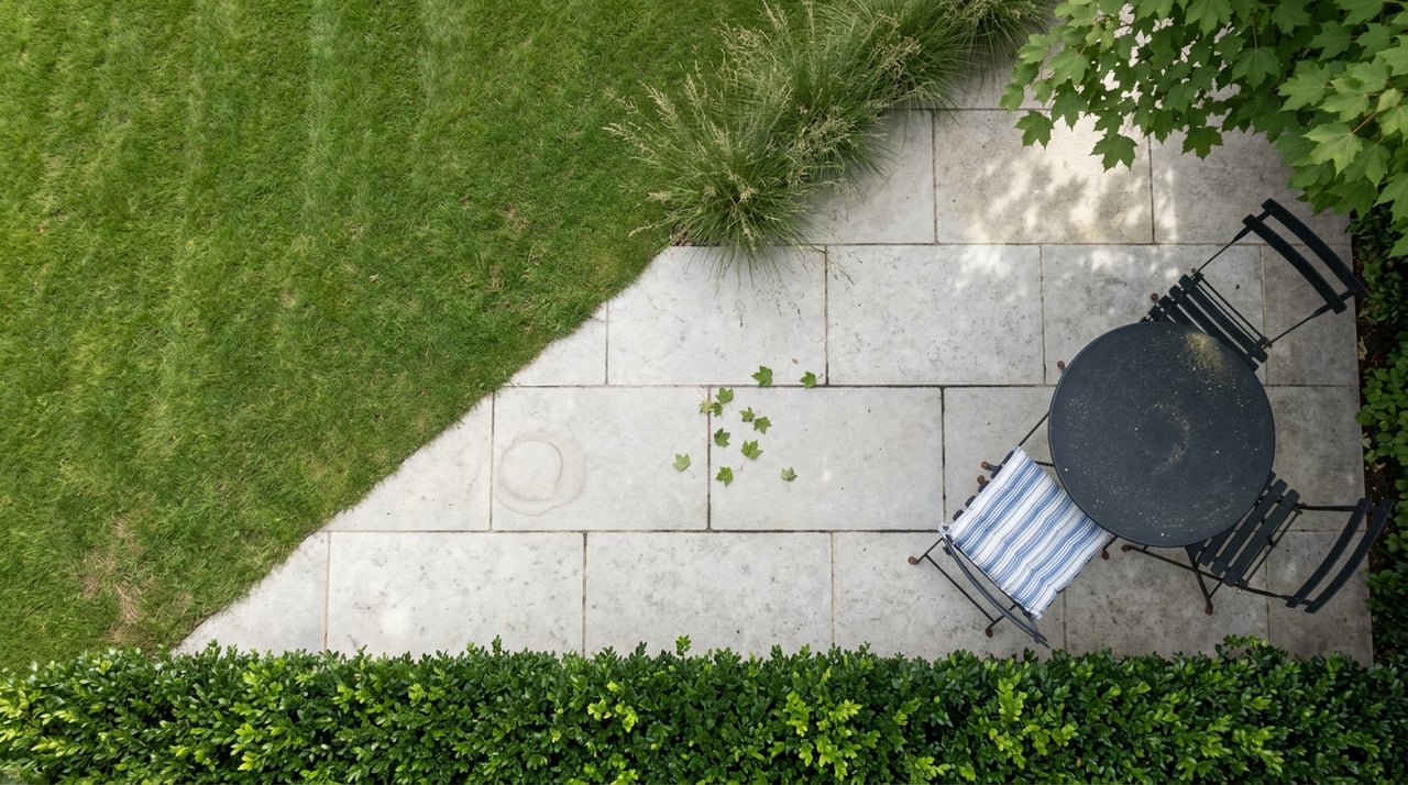 Overhead view of a limestone patio with a black bistro table, two chairs, striped cushion, lawn, and clipped hedge.